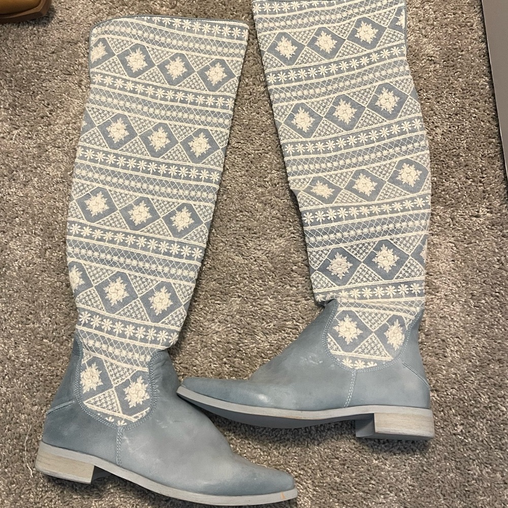 Free People Knee-High Blue and White Patterned Boots